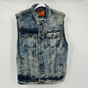 Rolling Paper Men Streetwear Distressed Denim Vest Size L Grunge Washed Y2K Punk